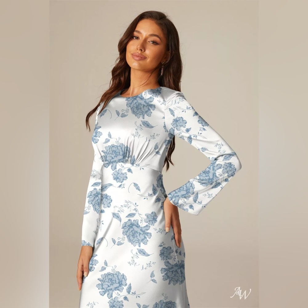 NWOT AW Bridal Elegant Formal Blue and White Floral Long Sleeve Bridesmaid Dress - Picture 3 of 5